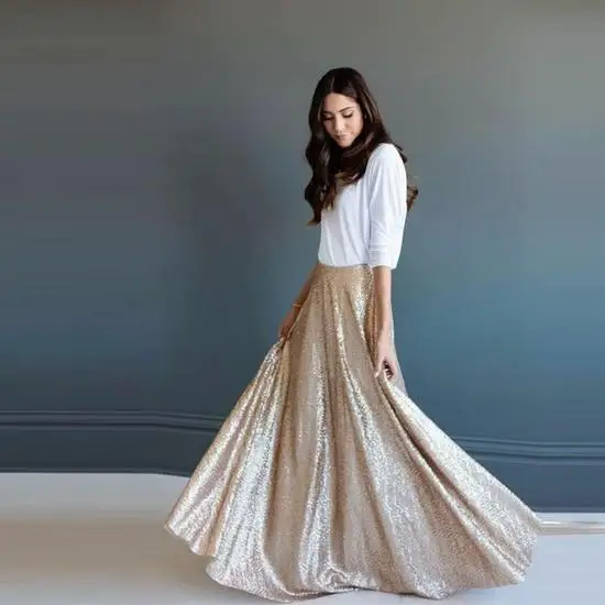 Charming Bling Bling Sequined A Line Womens Skirts Long Maxi Skirt Jupe