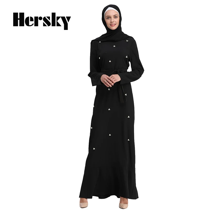 

(1 Dress + 1 Scarf +1 Belt)Turkish Women Pearls Clothing Fashion Muslim Ruffle Lower Hem Long Dress Islamic Female Black Abaya