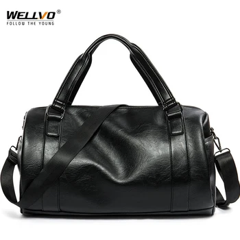 

Wellvo Men Travel Duffle HPU Leather Men's Large Luggage Tote Bags Black Shoulder Handbag Boston Bucket Crossbody Bag XA35WC
