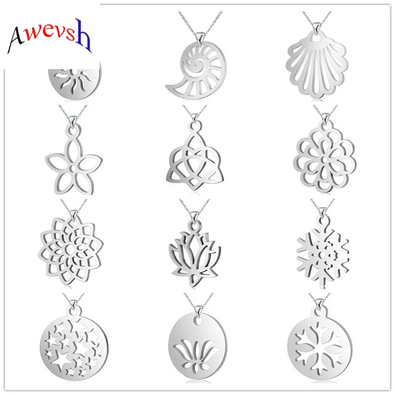 

Awevsh 2019 new hot sale 12 style Stainless Steel hollow snowflake Lotus flower Necklaces Pendants for Women Daily Jewelry gifts