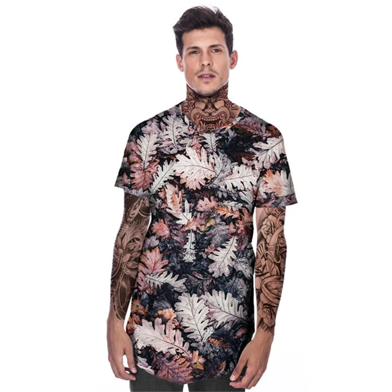 Мужская модная футболка с 3D принтом листьев Летняя мужская Повседневная футболка в стиле хип-хоп Асимметричная изогнутая кромка с короткими рукавами уличные футболки