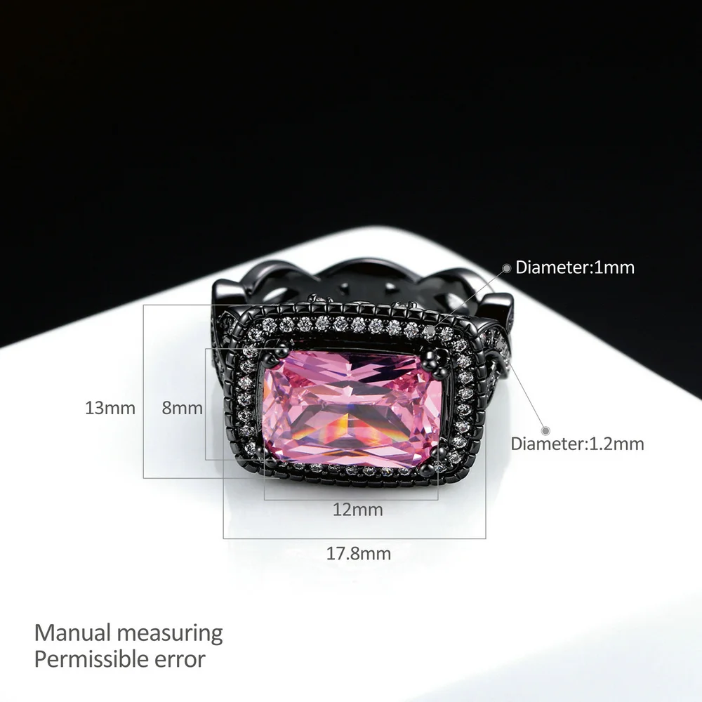 Double Fair Square Cut Black Gold Color Punk Ring Pink Cubic Zirconia Fashion Brand Cocktail Party Jewelry For Women GiftRX041DD