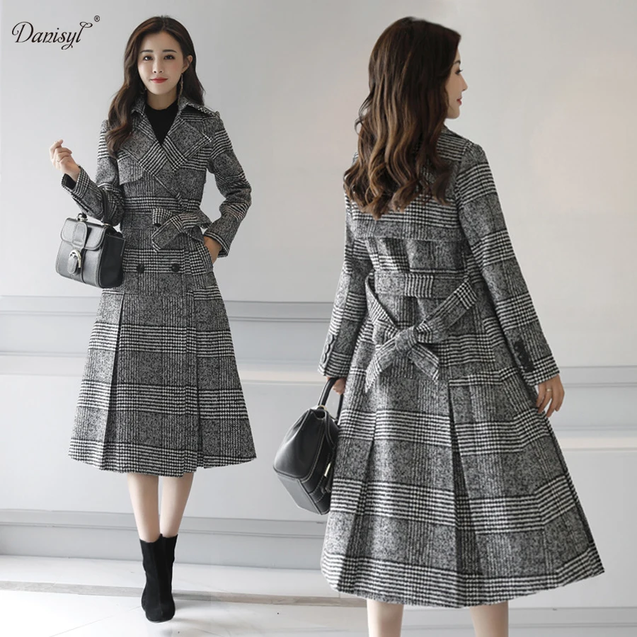Spring Autumn Winter Long Coats Korean Houndstooth Plaid Wool Jacket ...