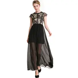 Новый дизайн длинное шифоновое платье большие качели тонкий без рукавов с круглым вырезом платья кружева лоскутное элегантный vestidos