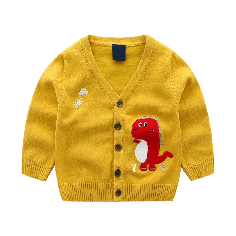 Детский свитер с динозавром для мальчиков и девочек; кардиган с v-образным вырезом на пуговицах; Однотонный вязаный детский хлопковый топ; весна г