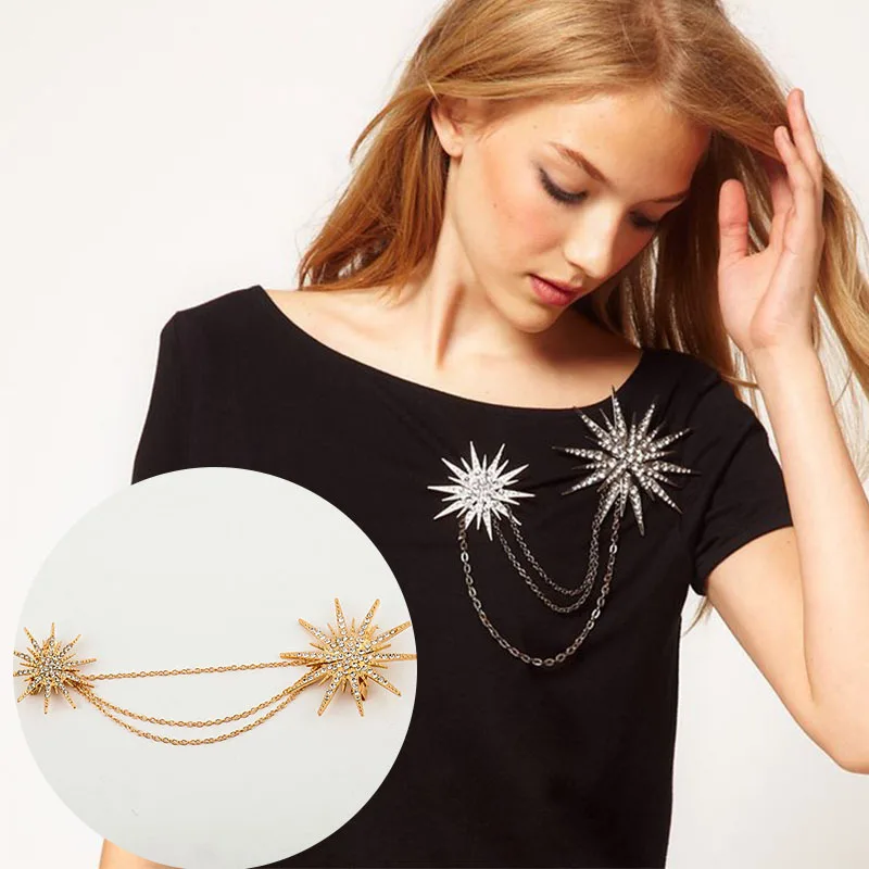 

Crystal Double Star Brooches Link Chain Snowflake Brooch Pins Gold Silver Black Plated Women Men Rhinestone Jewelry For Clothes