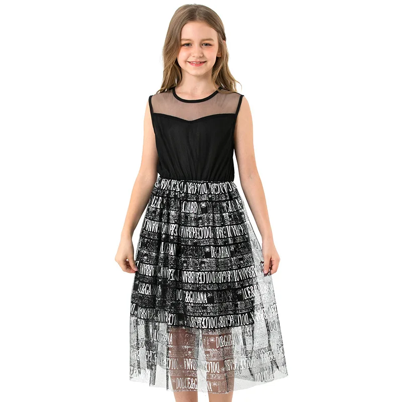 

2019 Girls Princess Dress Summer Sleeveless Open Tube Top Dress Children European & American Style Black Splice Dresses for 5-14