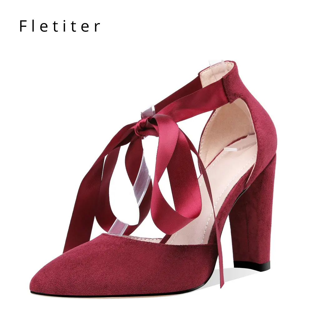 

10cm Heel height Pointed Pumps Sexy Retro High Thick High Heels Cross-tied Shoes 2109 New Woman Shoes Female Lace Up Fletiter