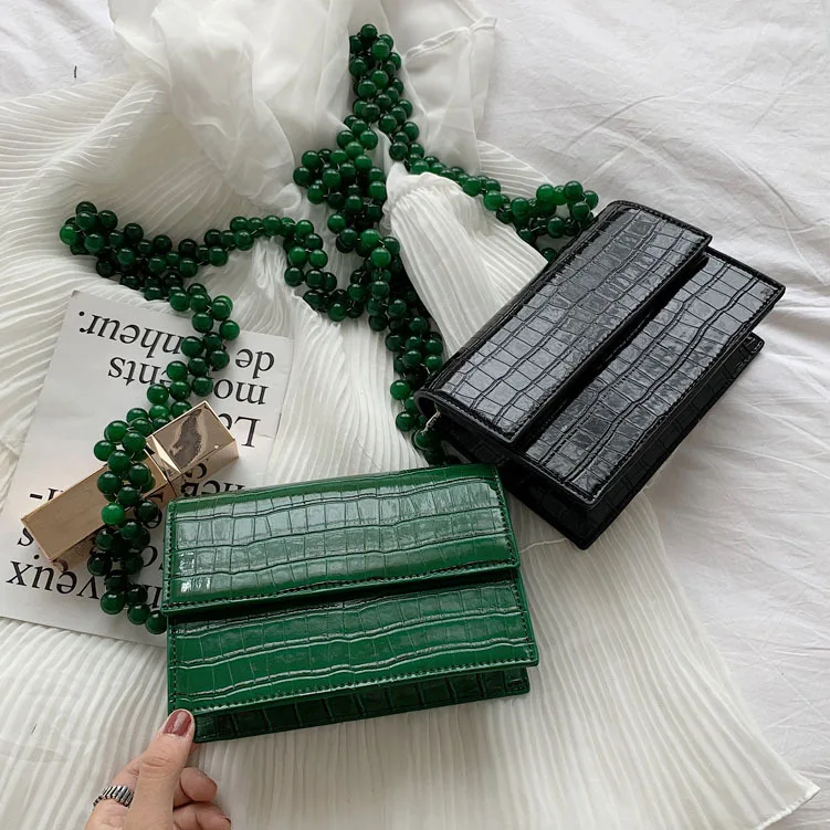 

Jadeite Bead Chain Mini-slanting Single-shoulder Bag Retro-Crocodile-pattern Bag New Style Bag Tide in 2019