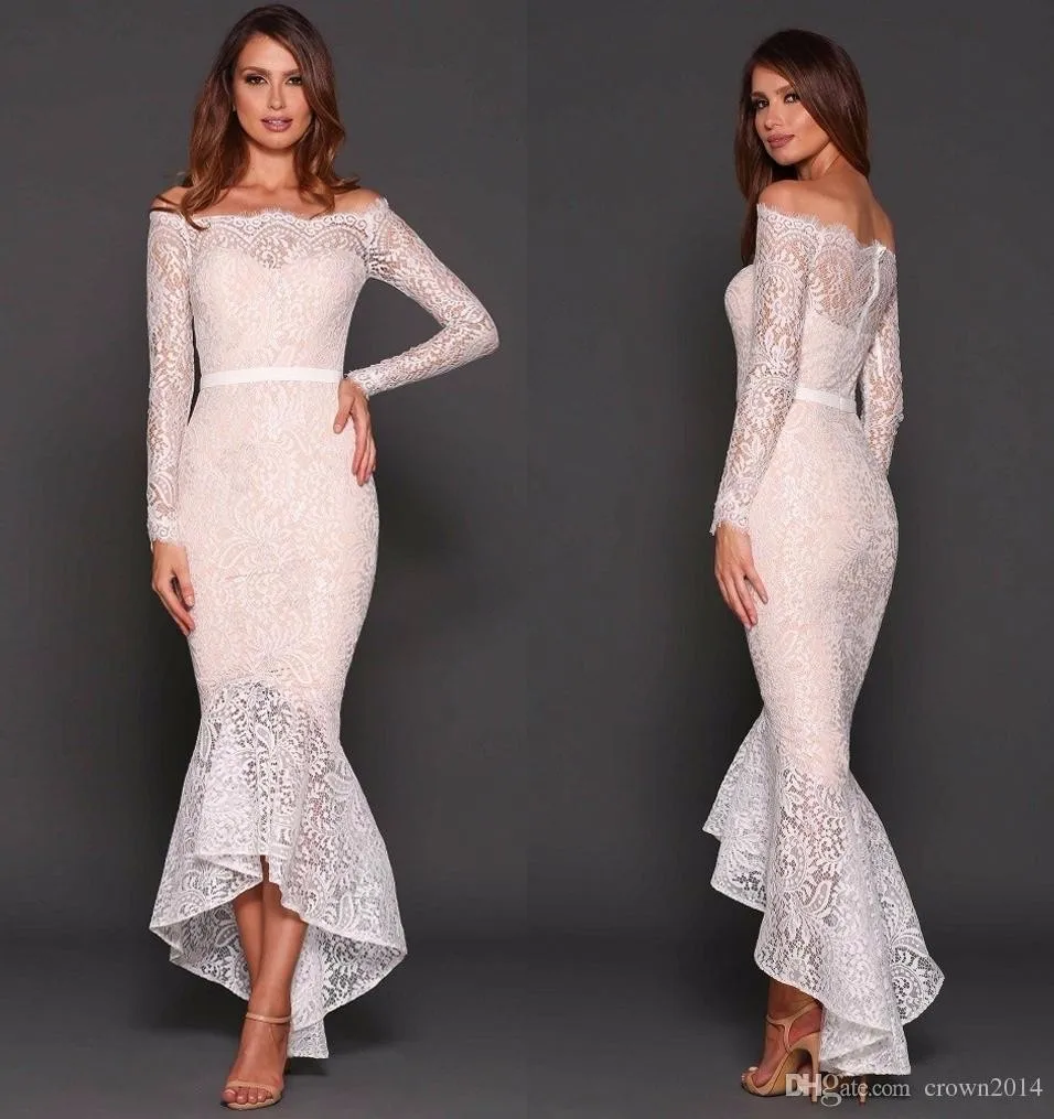 Hot Sale Long Sleeves Boat Neck High Low Prom Dresses 2017 Evening