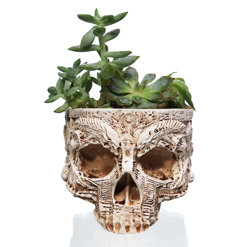 WJYY Resin Skull Flower Pot Plant Bowl Container Garden Planter,Multifunctional Storage Skull Model Home Bar Table Decor Halloween Ornament