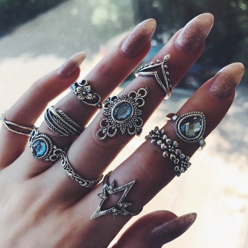 11 шт./компл. Для женщин Boho Резьба Цветы Листья капли воды звезды кристаллы драгоценного уплотнительное кольцо Леди Вечерние серебряное обручальное кольцо