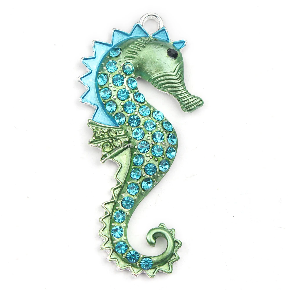 

15pc Fashion Silver Plated Green Crystal Rhinestone Sea Horse Pendant Pop Charms Bead Necklace Making, Kawaii Rhinestone Pendant
