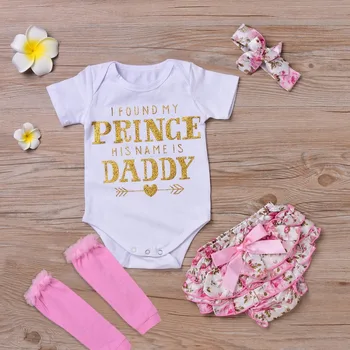 

4PCS/Set Cute Newborn Baby Girl Clothes Baby Bodysuit jumpsuit+Ruffles Tutu Skirted Shorts Headband foot cover set Outfits