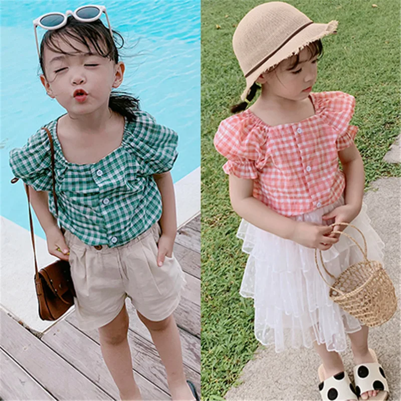 

Mihkalev Fashion Pattern plaid girls blouse 2019 summer kids clothes girl short-sleeve lattice shirts and tops baby blouses