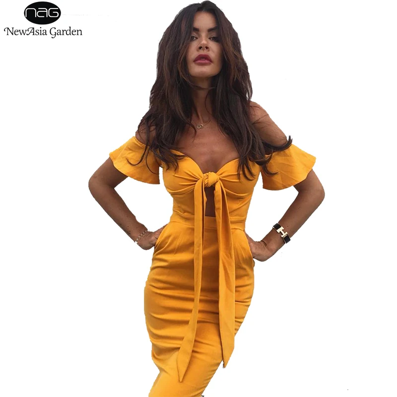 

NewAsia Garden Off Shoulder Summer Dress Sexy Bow Tie Bustier Party Bodycon Dress Yellow Women Midi Dress Ladies Dresses Vestido