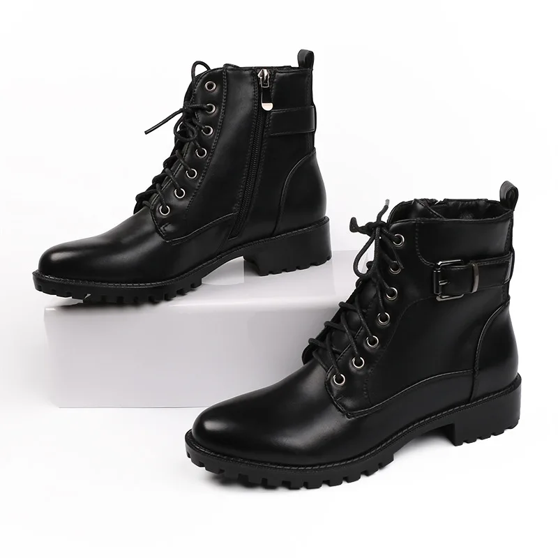

MoBeiNi 2018 winter plus velvet warm women's platform waterproof shoes short boots belt buckle leather boots flat bottom waist
