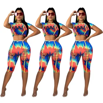 

ZH5086 Burning Flower Tie-dye Two-piece Summer Women's Letter Tie Dyeing O-neck Short T-shirt Tight Knee-length Hole Sweatpants