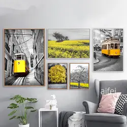 Северный плакат, винтажный пейзаж, холст, живопись, Модный черный желтый трамвай, Настенная картина для гостиной, Современное украшение