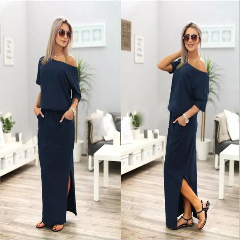 Dress Long Half Sleeve Slash Neck Off Shoulder Sexy Summer Loose Casual Solid Color Ankle-length Straight Dresses Vestidos - Цвет: 0033 navy blue