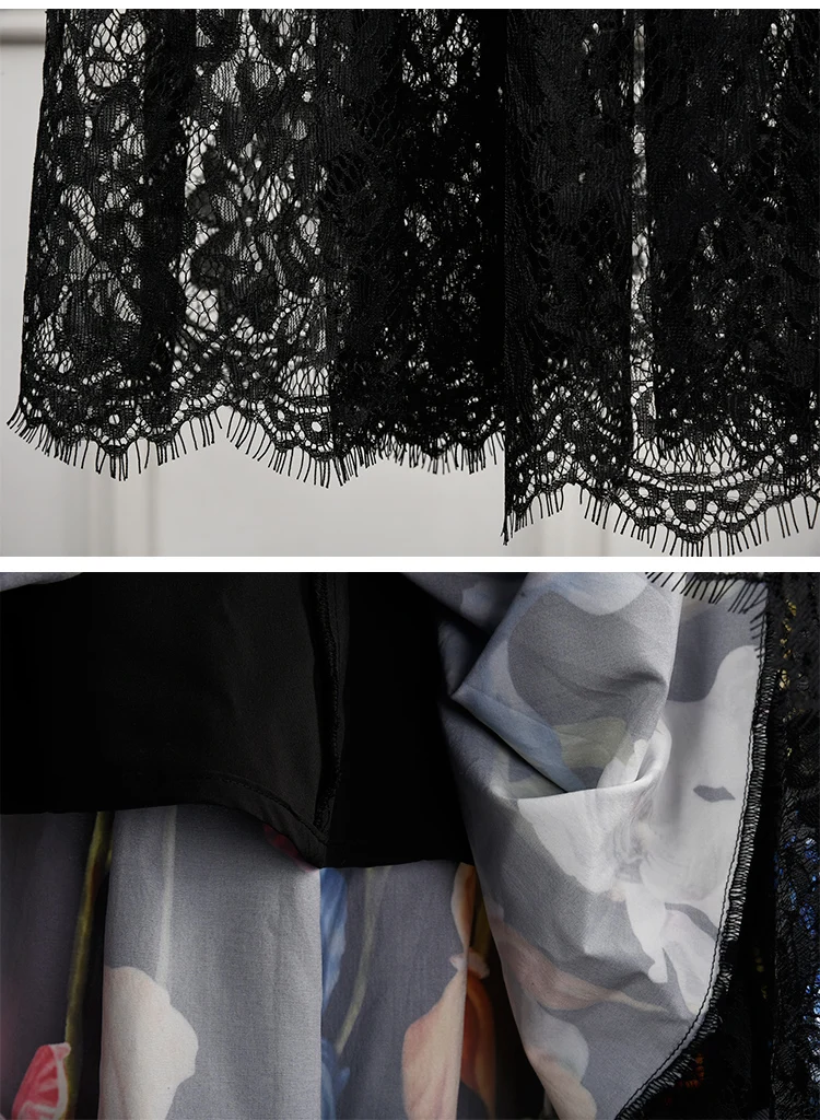 Взлетно посадочной полосы индивидуальный заказ Длинные юбки для женщин Женская High End цветочный принт лоскутное черный кружево плиссир