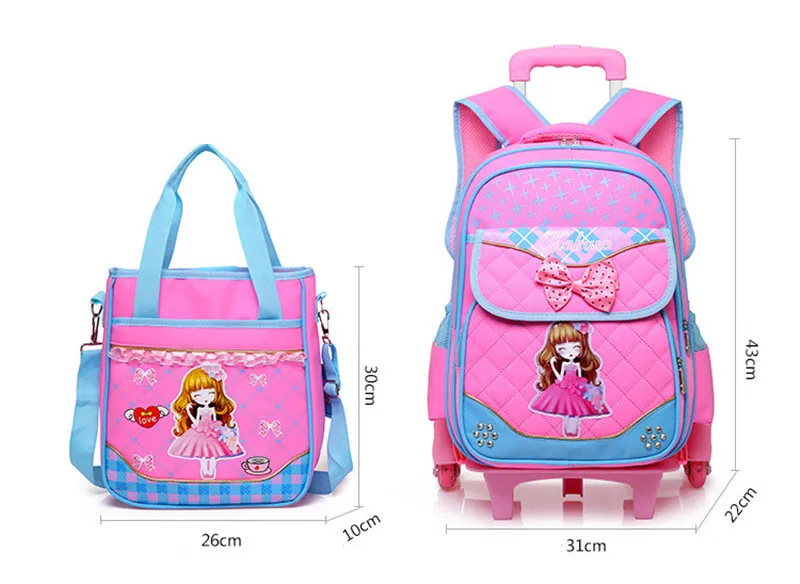 Fashion 2pcs set school backpacks 6 wheels children school bags for girls handbag waterproof cute kids travel trolley bookbag