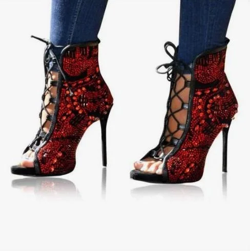 

2019 Hot Selling Colorful Crystal Embellished Ankle Boots Peep Toe Lace-up Short Bootie Coverd Heels Multi Color Beads Bootie
