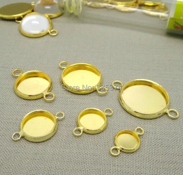 

Newly Arrival 200pcs Wholesale Gold Plated inner 10-20mm Cameo Setting Cabochons Tray with Two Connectors Pendant Blank