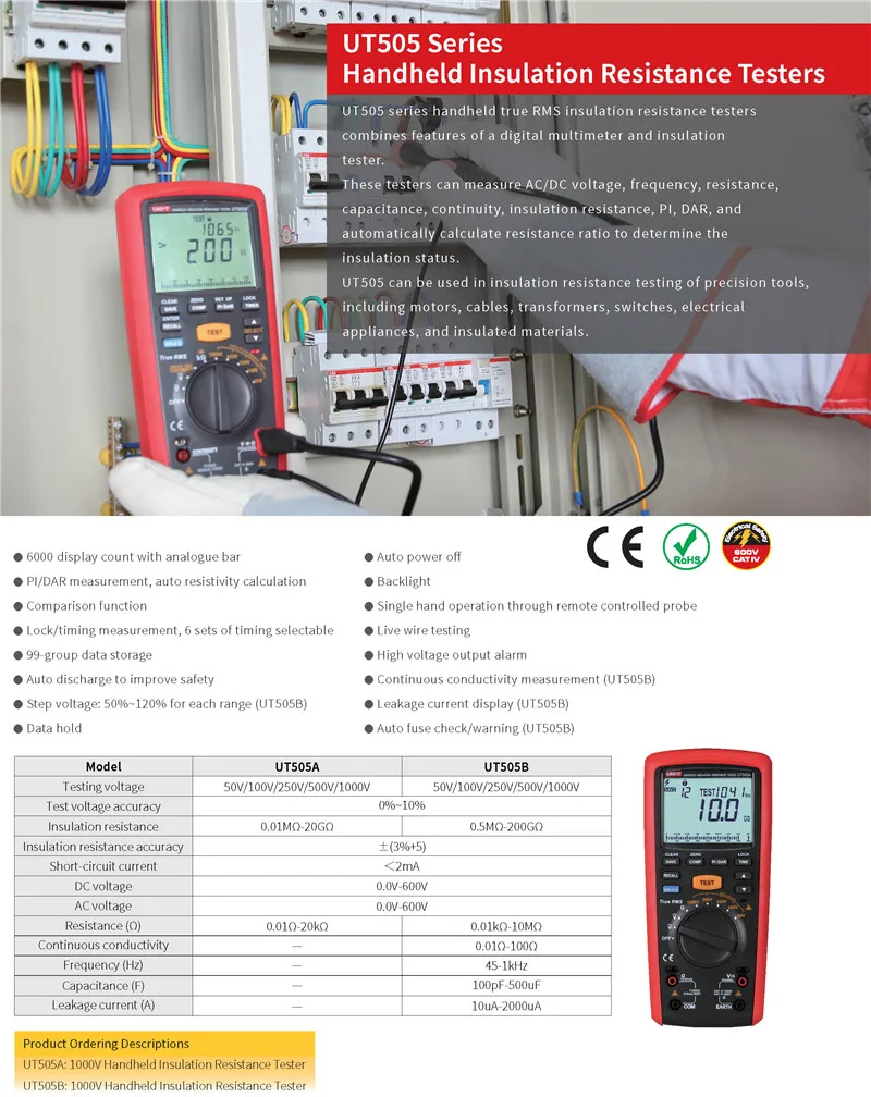 UNI-T UT505A ручной тестер сопротивления изоляции; 1000 В Мегаомметр, истинное среднеквадратичное значение, аналоговый барный график, напряжение/частота/Емкость