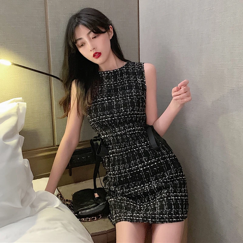 

vintage a-line plaid bow black white tank o-neck off shoulder mini-dress fashion brand summer style dresses Women's Clothing