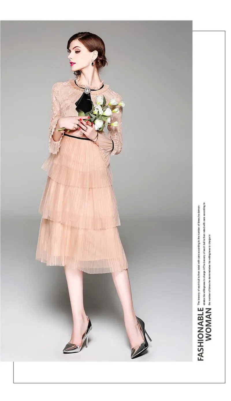 Summer Hollow Pleated Gauze Lace Dress Women Long Sleeve Princess Dress Moda Mujer 2018 Midi Party Dress Strand Jurkjes
