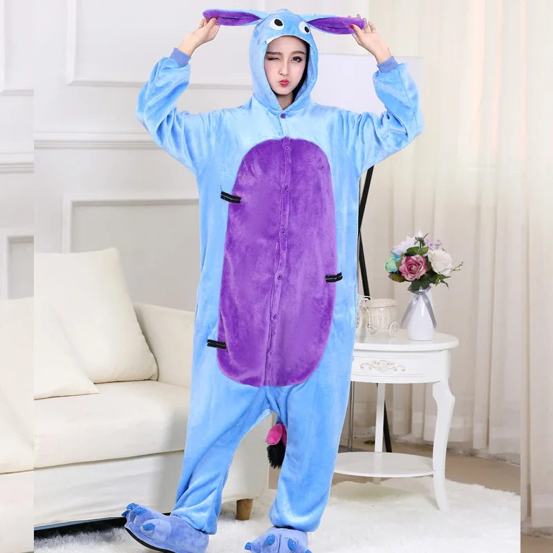 Животного Kigurumi пижамы фланелевые голубой Ослик Комбинезоны для Для женщин