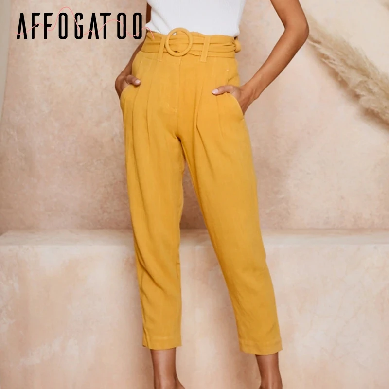 

Affogatoo Casual High waist sash belt women pants Elegant button office ladies autumn work pants yellow pockets female trousers