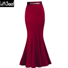 Осень, для женщин Высокая Талия однотонные Цвет русалка юбки-трубы леди Винтаж элегантная для работы в офисе, подчеркивающее бедра длинные юбки с ремнем