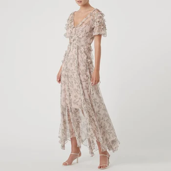 

New Very immortal irregular dress V collar cross back printed long chic gentle lotus leaf edge two sets