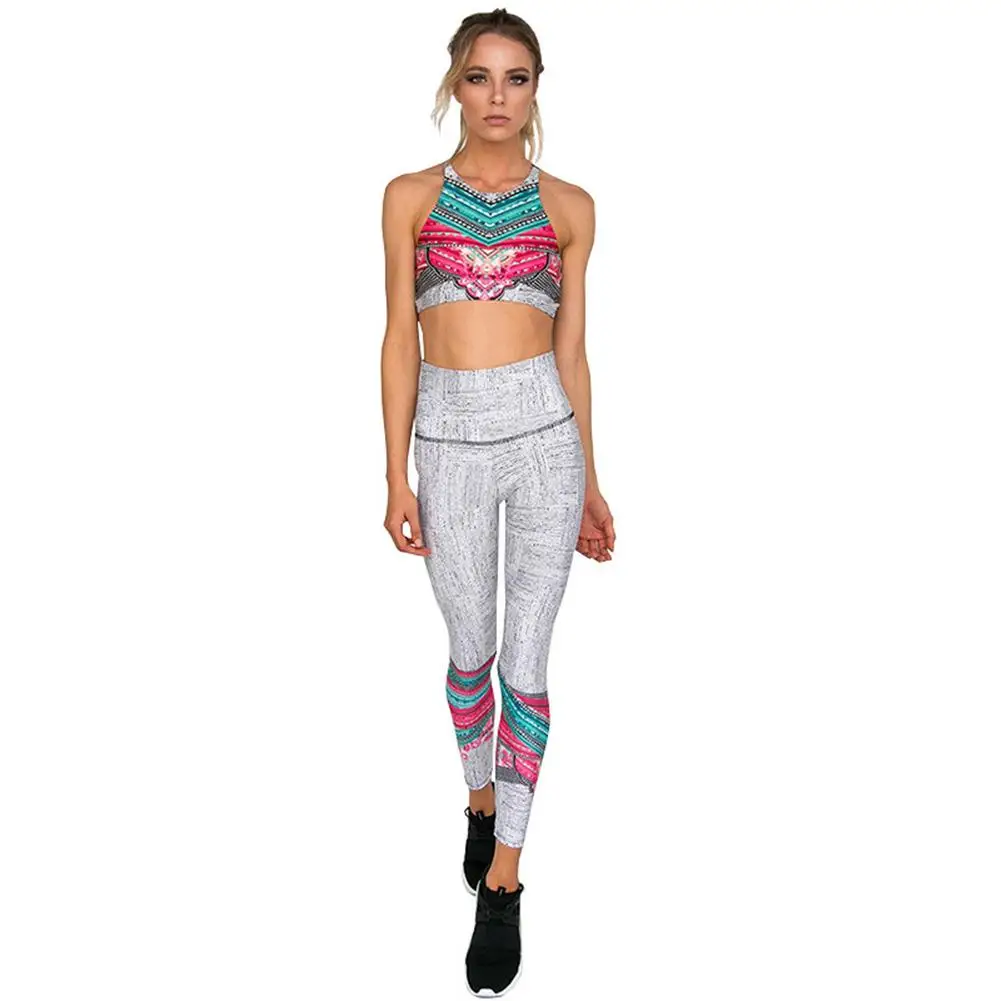 

2 PCS Women Yoga Fitness Sports Set Popular Tracksuit Floral Print Piecing Bra+Long Pants Sportsuit Fitness Running Sport Suits