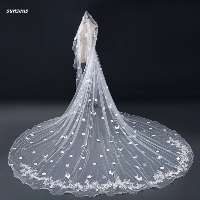 

Beautiful Flowers Wedding Dresses With Flowers Butterflies One layer Pencil Edge Appliqued Bride Veil accessori matrimonio WV052