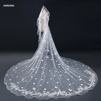 

Beautiful Flowers Wedding Dresses With Flowers Butterflies One layer Pencil Edge Appliqued Bride Veil accessori matrimonio WV052