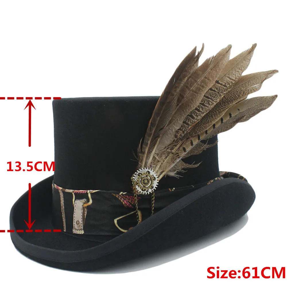 Black 61CM 13,5 см черная шерстяная шляпа для женщин и мужчин в стиле стимпанк, фетровая шляпа ручной работы, кожаная Волшебная Шляпа для косплея, вечерние шляпа-цилиндр, шапки, Прямая поставка - Цвет: Black 61CM