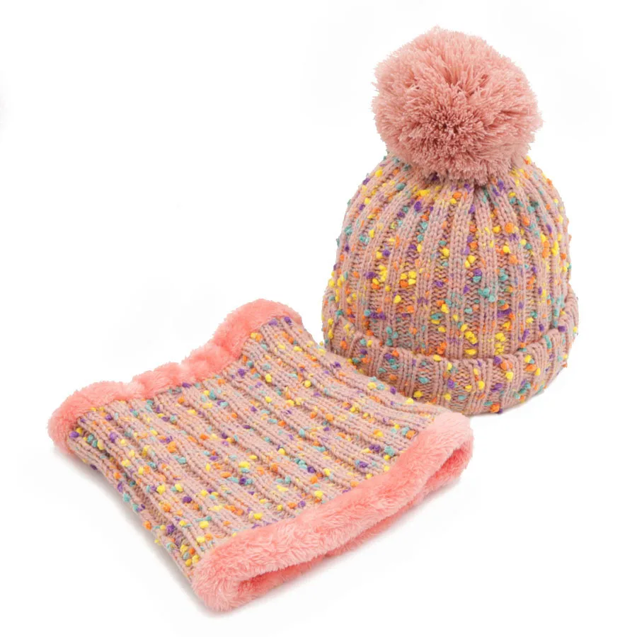Зимние помпоны вязаные наборы шарф шапка для женщин и детей от 1 до 6 лет Твердые Детские шапочки шапки женские шарфы с мехом енота шарики