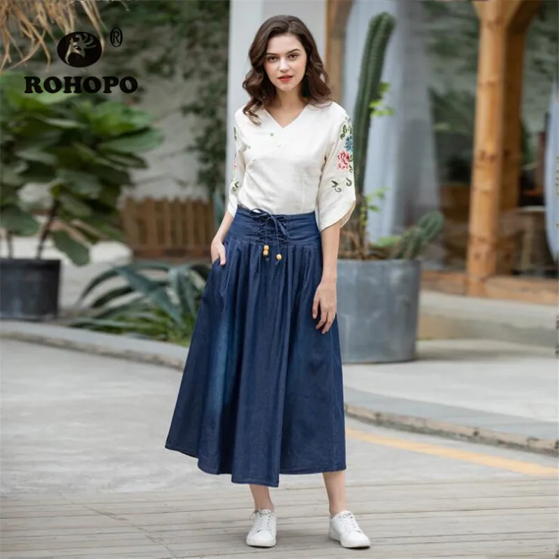 

Summer Denim Skirt High Waist A Line Band Waist Vintage Retro Denim Skirts Mid Calf Preppy Style Jeans Skirt 5XL 6XL Plus Size