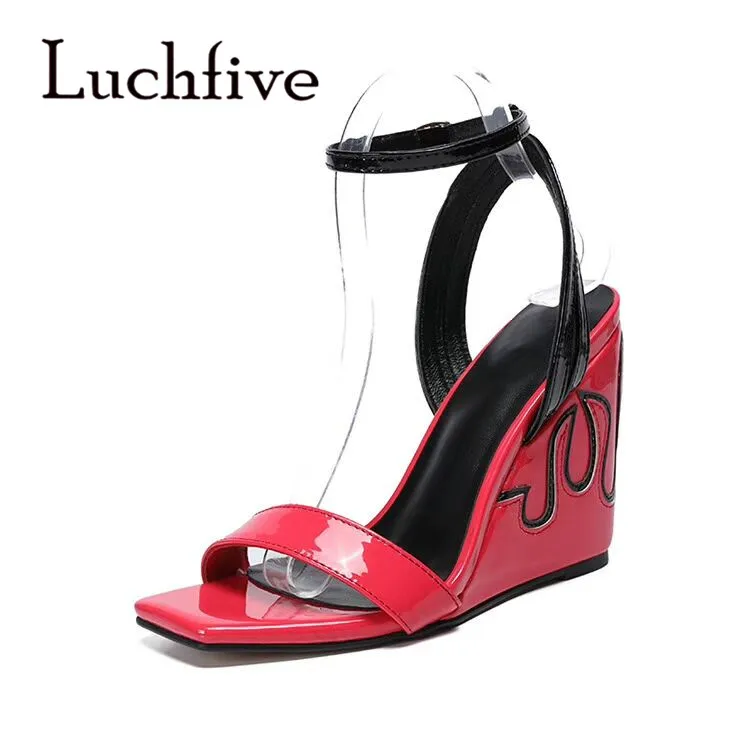 

Luchfive Red Open Toe Wedges Sandals Women Ankle Buckle High Heels Summer Party Shoes