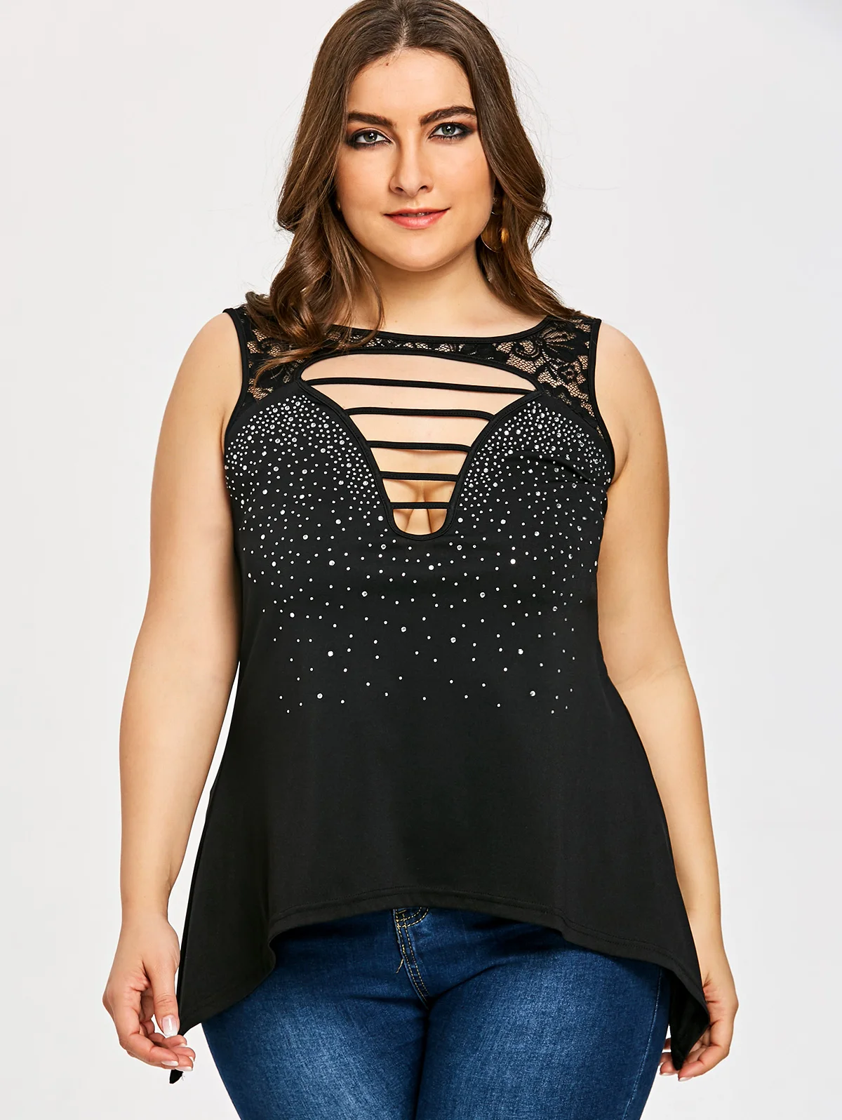 Wipalo Plus Size Sexy Ladder Cutout Embellished Sleeveless T Shirt Plus Size Ladies Tops