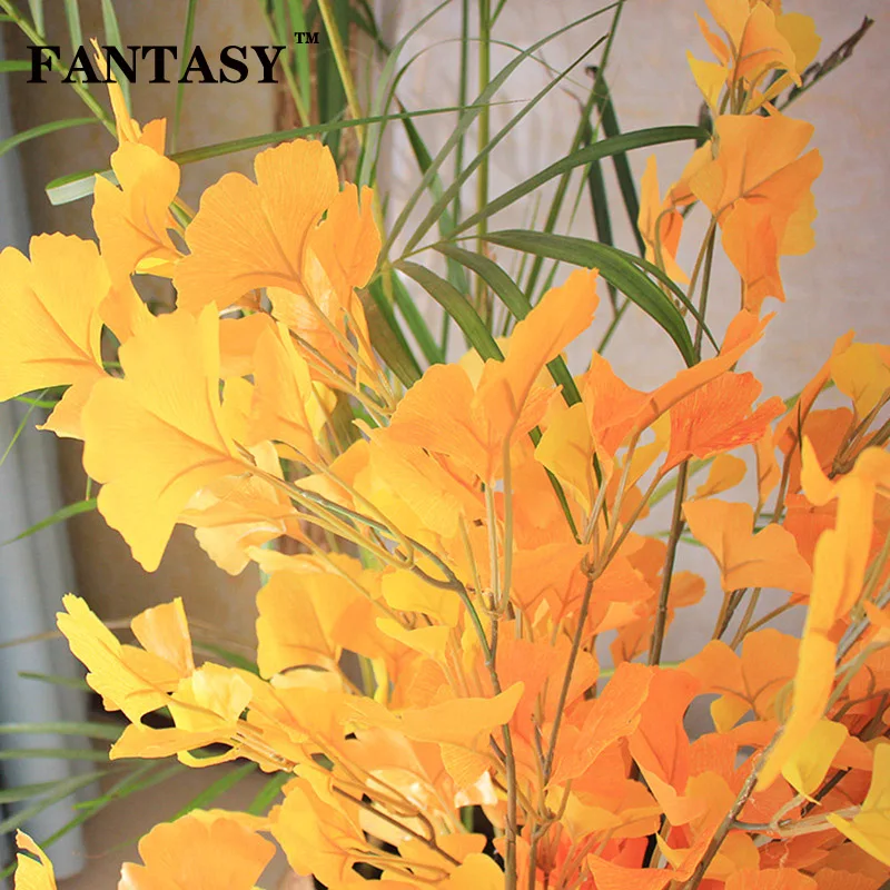 

FANTASY Artificial Silk 3 Fork Ginkgo Leaves Plastic Fake Plant Branch Home Decoration Green Garden Layout Simulation Gold Leaf