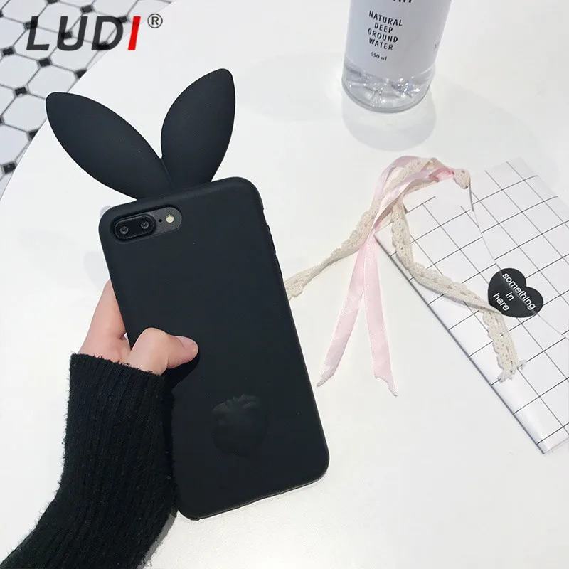 

LUDI 3D Cute Rabbit Ear Phone Case For iPhone X 8 7plus Soft Silicon For iPhone 6s 6 plus 5S SE Cute Pink Black Girl Cover 8plus