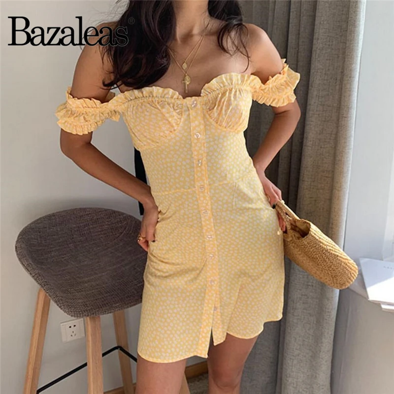

Bazaleas Vintage Slim Dresses Casual Ruffles Off Shoulder Yellow mini vestidos Center Buttons Summer Dress