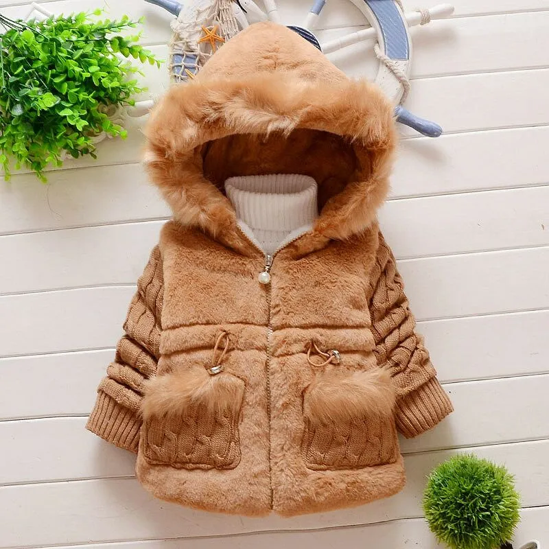 Winter Infant Rabbit Hair Velvet Thicken Coat Baby Girl Faux Fur Fleece Hoodie Jacket Kid Warm Cotton Knitted Clothing Outerwear