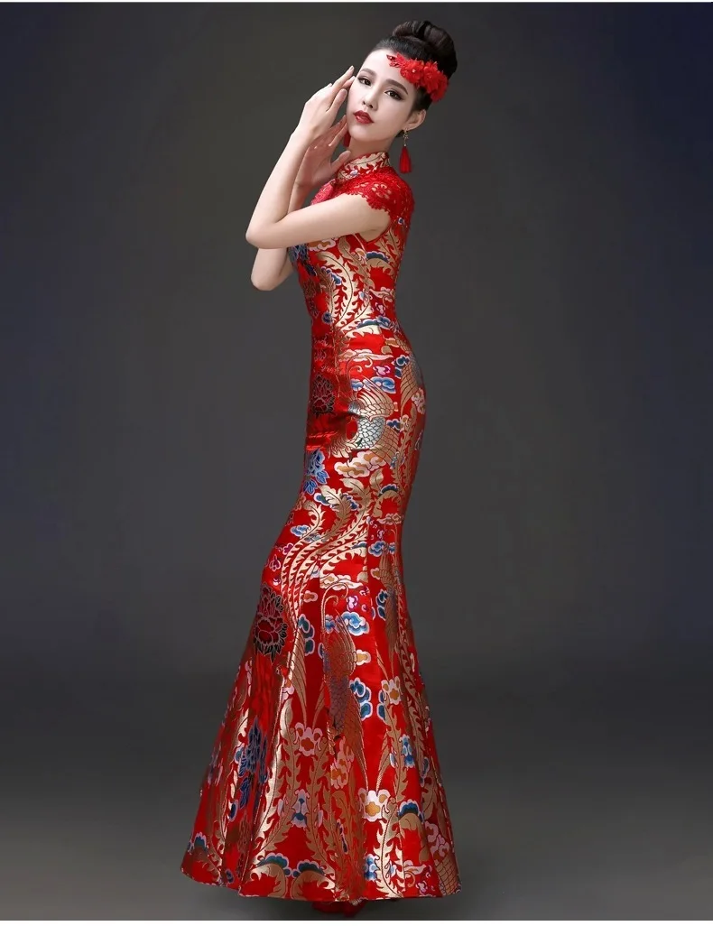 Китайский вечерние платья Cheongsam красный полые спинки Атлас дракон феникс Ципао вечернее Лето рыбий хвост длинное свадебное платье