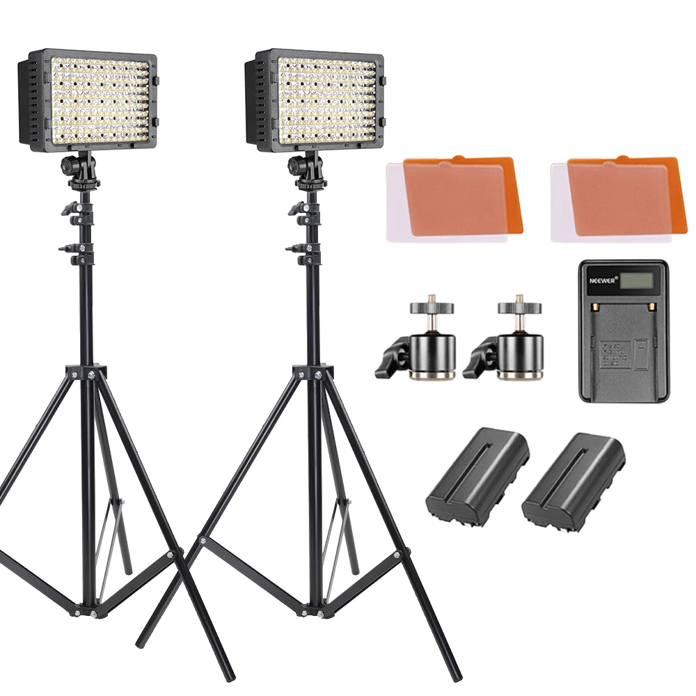 

Neewer 2-pack 160 LED Video Light Dimmable Lighting Kit with 75-inch Light Stand, 2600 mAh Li-ion Battery, USB Charger