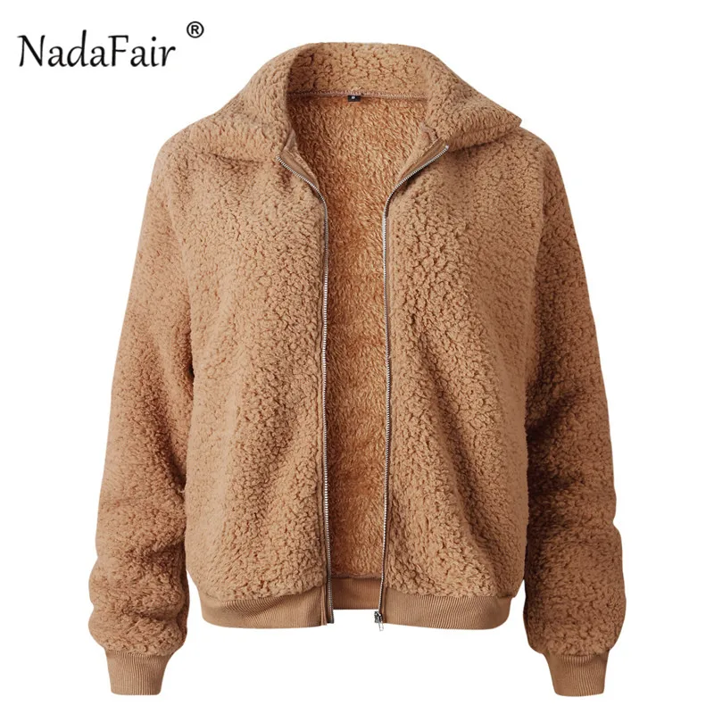 Nadafair Faux Fur Coat Women Autumn Winter Fluffy Teddy Jacket Coat Plus Size Long Sleeve Outerwear Turn Down Short Coat Female